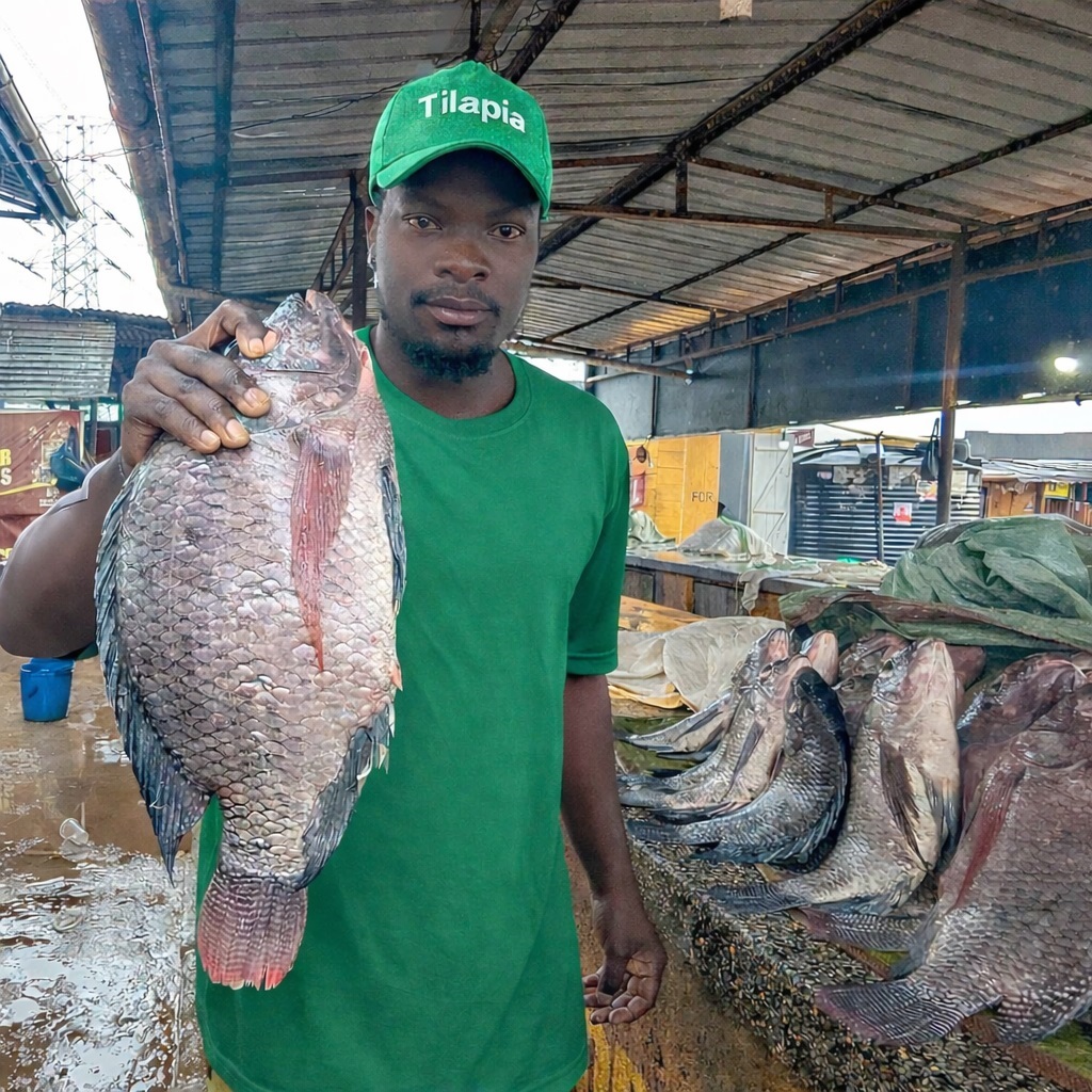 Fish vendor holding tilapia at Portbell market